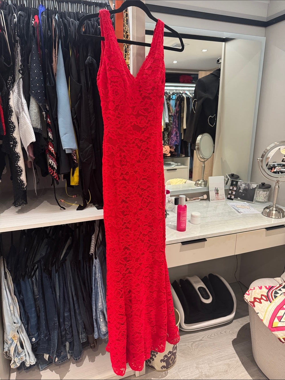Pronovias Red Lace V-Neck Maxi Dress